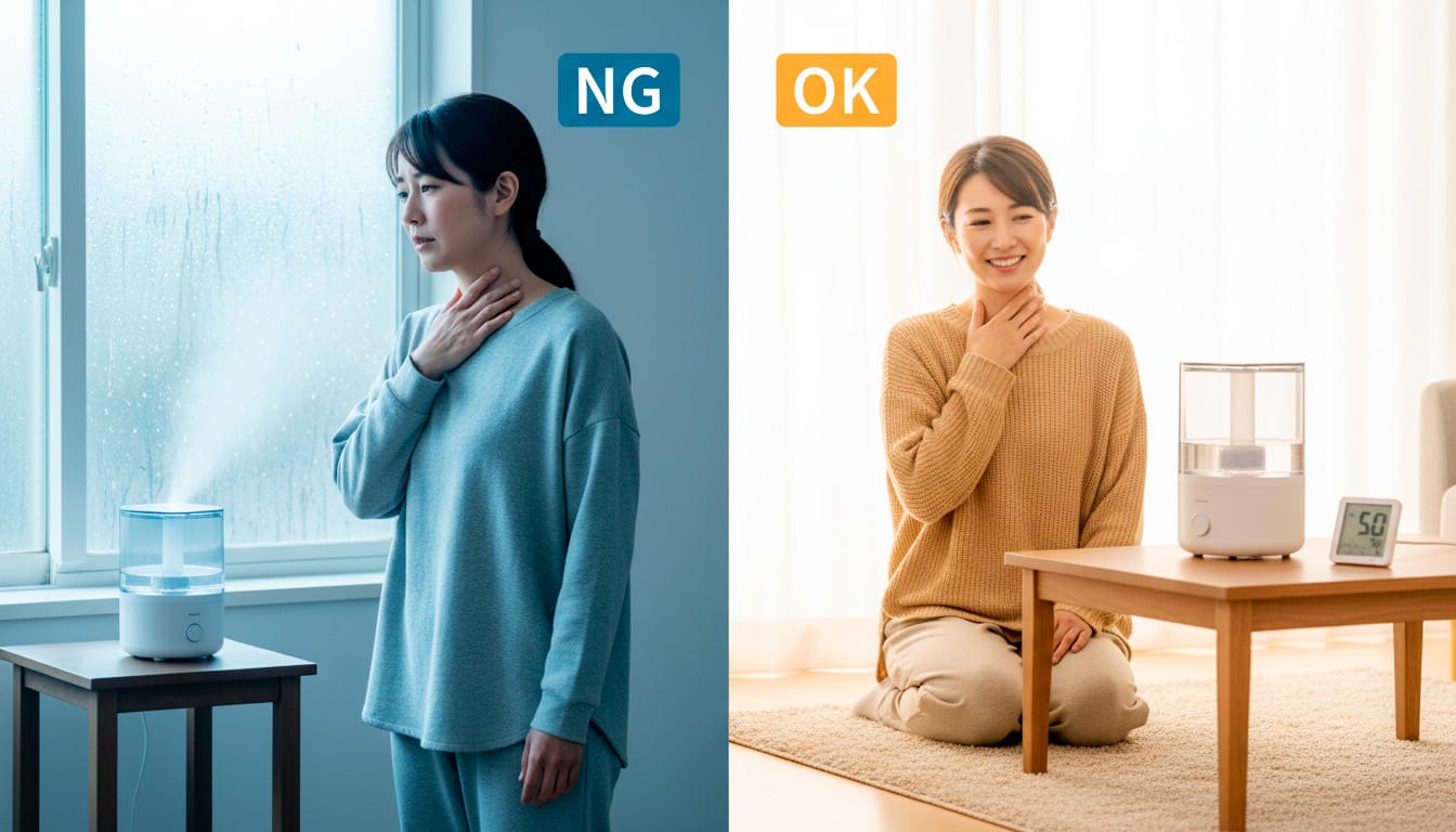 加湿器の「意味ない」原因を解決するNG/OK対比画像。窓際などのNGな置き場所と、部屋の中心で湿度50%を達成している正しい使い方