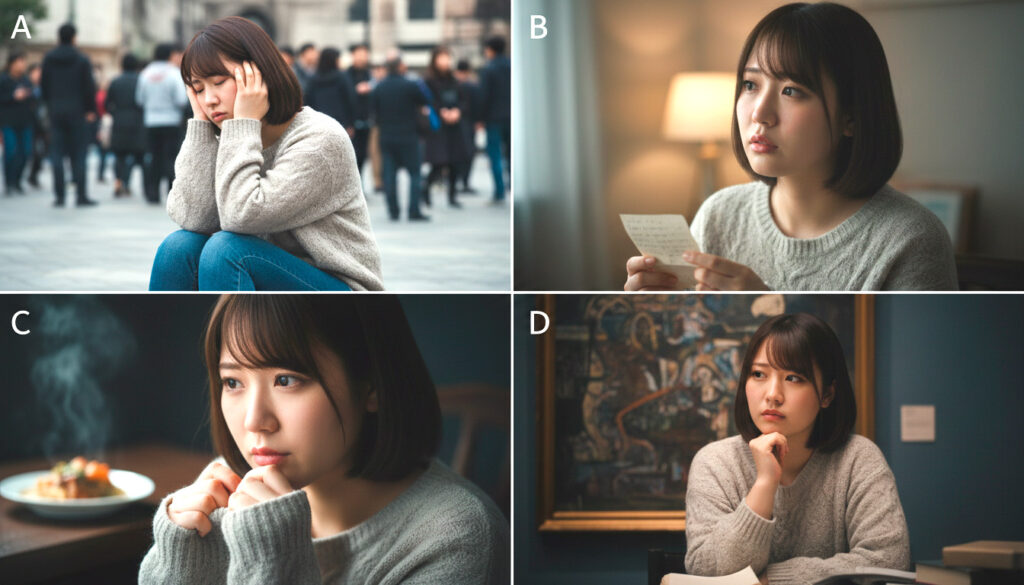 A：人の多い場所や賑やかな環境に長時間いると、すぐにぐったりと疲れ果ててしまう。B：人から優しくされたり、逆に注意されたりすると、その感情や状況を頭の中で何度も反芻してしまう。C：食べ物や薬のニオイや味、服のチクチクした手触りなど、五感で感じる刺激に人一倍敏感だ。D：映画や芸術作品、あるいは友人との会話の裏にある、深い意味や背景まで考え込んでしまう。